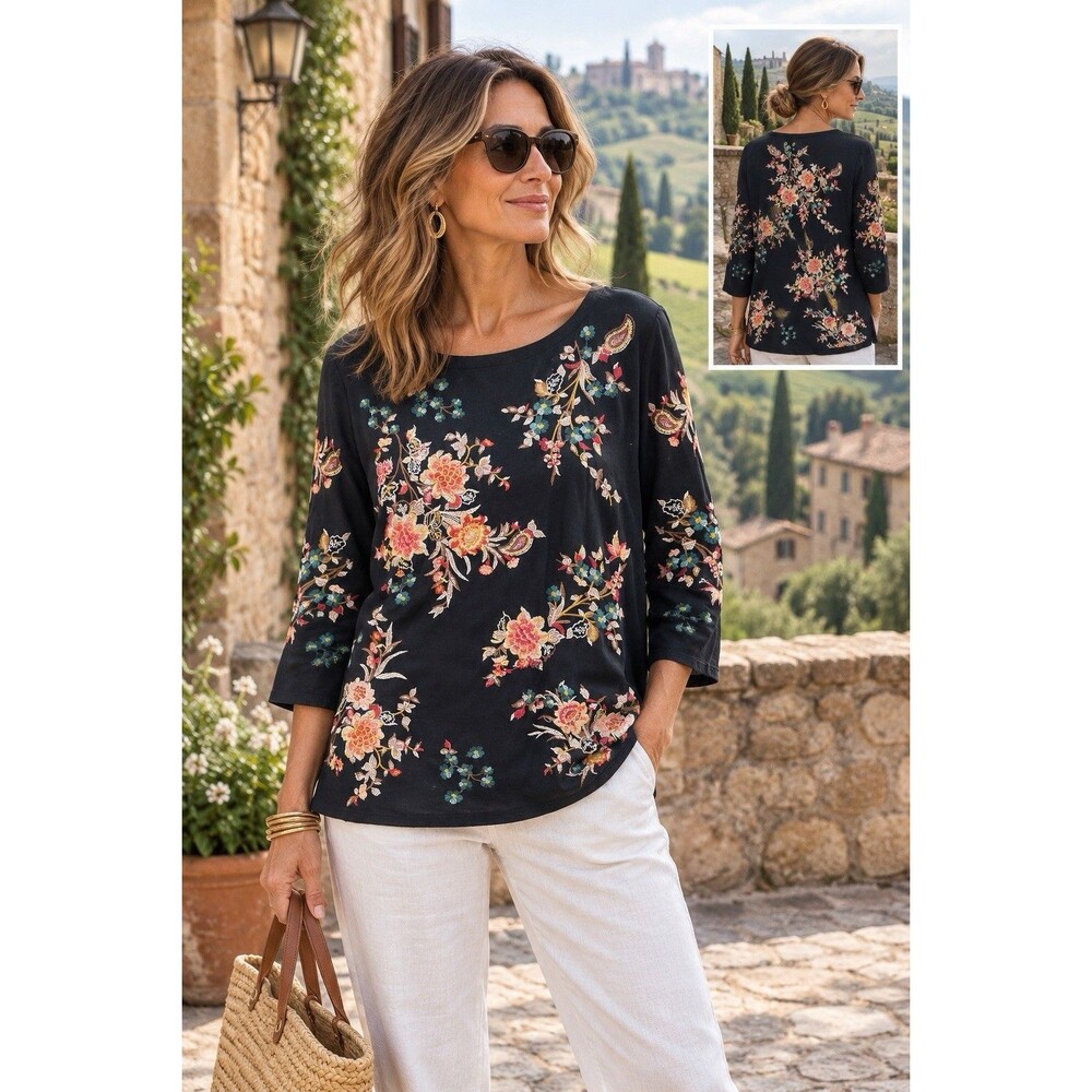 J.Jill Blouse Large Black Floral Embroidered 3/4 Sleeve Boho Artsy Cottagecore
